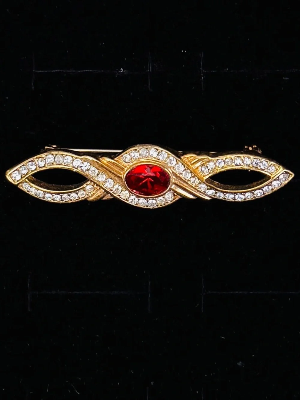 Vintage Goldtone Brooch with Bling and Red Accent  Center